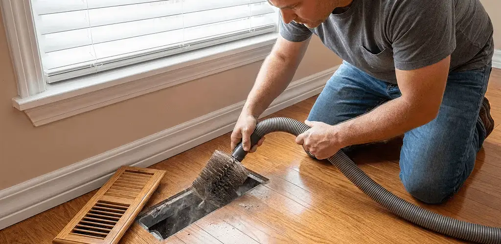 Air duct cleaning technician vacuuming a floor vent and duct opening in Glendale, AZ