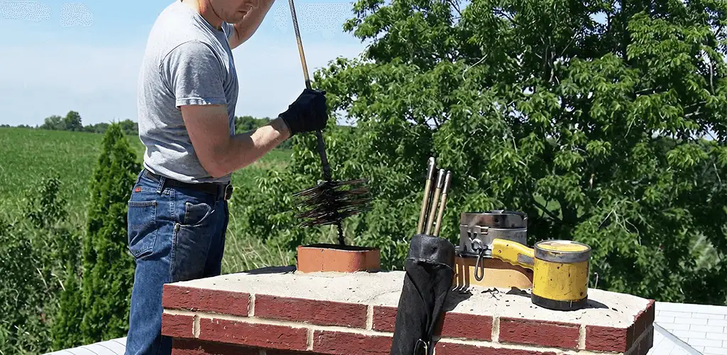 Chimney cleaning technician working on a rooftop chimney with professional tools in Glendale, AZ