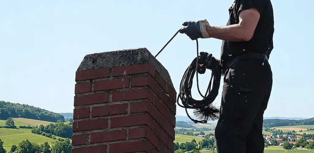 Chimney sweep inspecting and cleaning a rooftop chimney in Glendale, AZ
