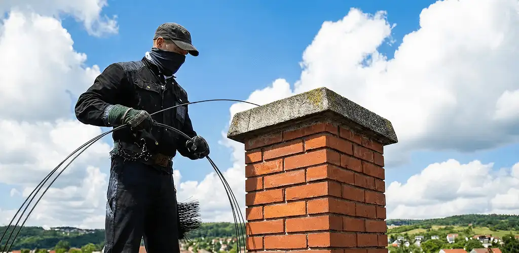 Chimney sweep cleaning a brick chimney with professional tools in Glendale, AZ