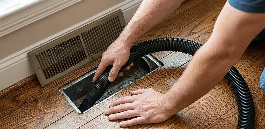Air duct cleaning technician vacuuming a floor register and duct opening in Glendale, AZ