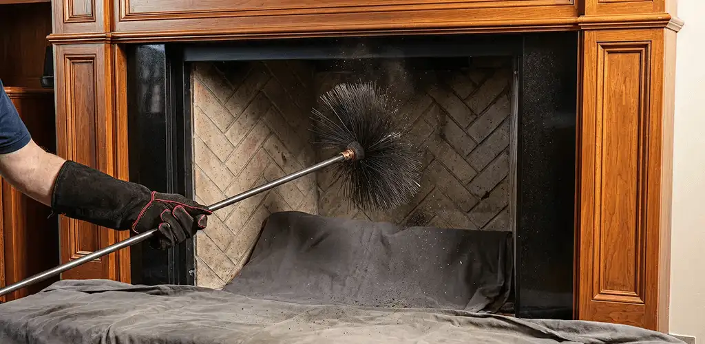 Chimney cleaning service brushing soot from a fireplace and flue in Glendale, AZ