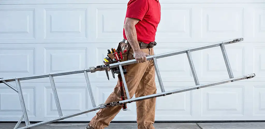 Garage door repair technician arriving with tools and ladder in Glendale, AZ