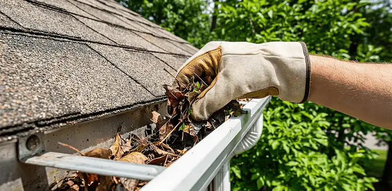 Gutter cleaning removing leaves and debris from roof gutters in Glendale, AZ