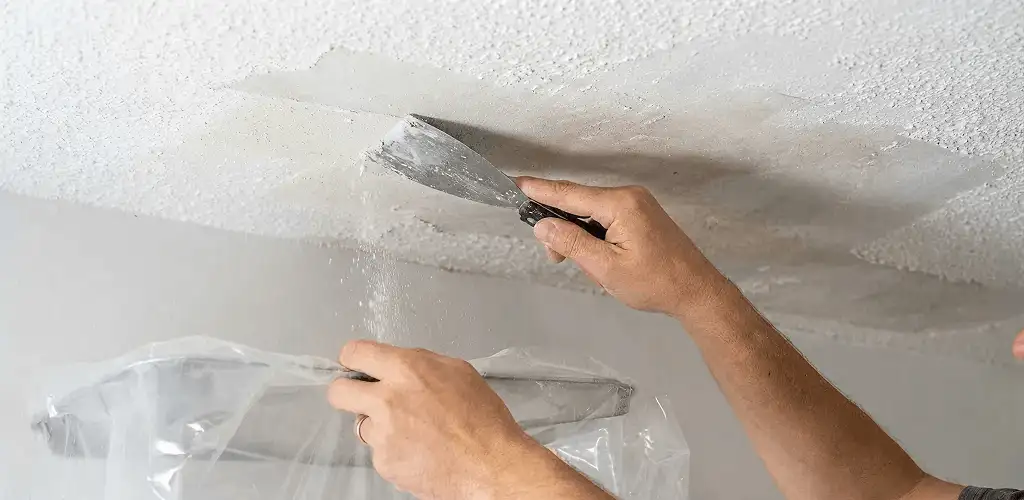 Popcorn ceiling removal technician scraping texture from a ceiling in Glendale, AZ