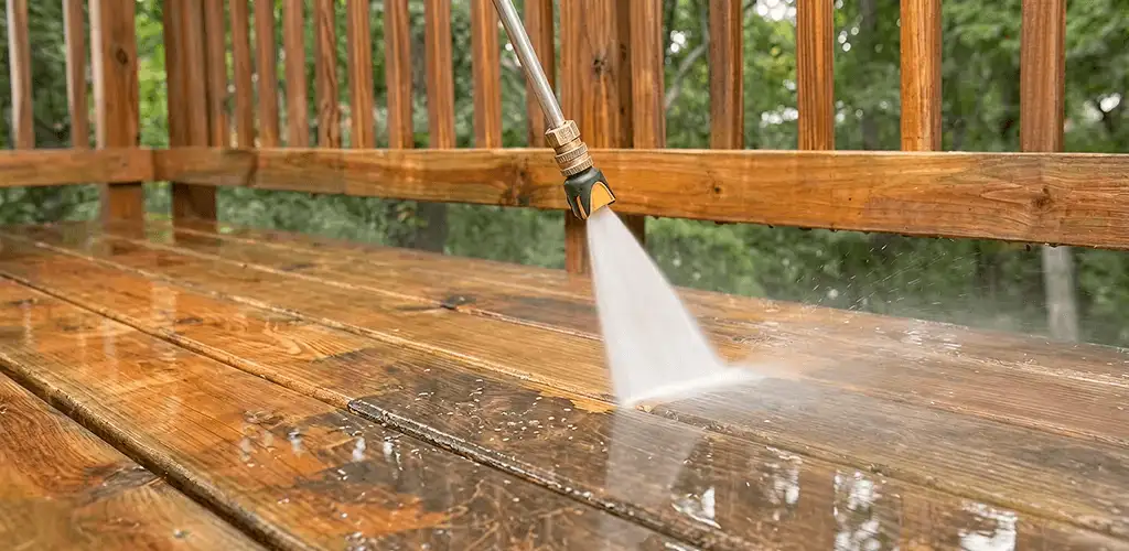 Pressure washing a wood deck to remove dirt and buildup in Glendale, AZ