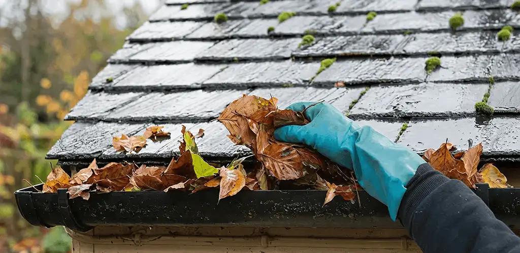Gutter cleaning technician clearing wet leaves from roof gutters in Glendale, AZ