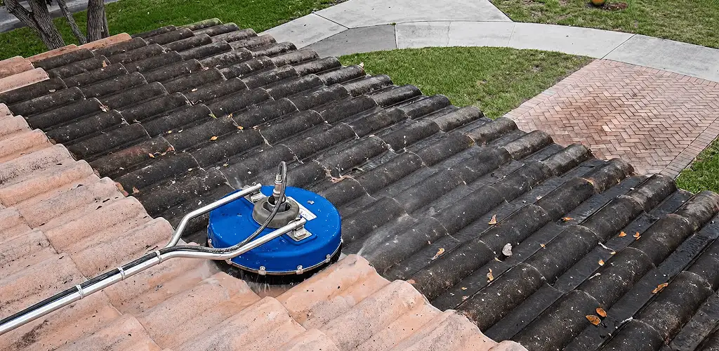 Roof pressure cleaning removing debris and buildup from roof tiles in Glendale, AZ