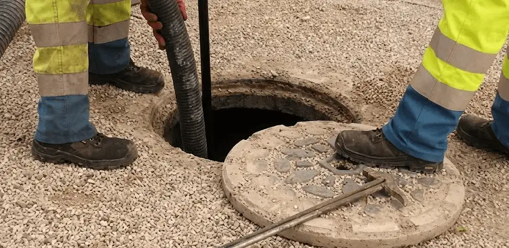 Drain cleaning crew clearing a sewer access point with professional equipment in Glendale, AZ