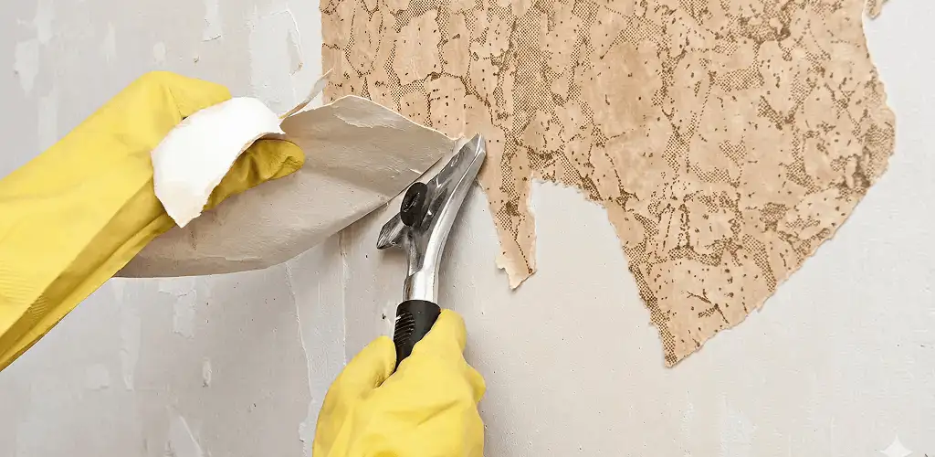 Wallpaper removal service stripping old wallpaper from a wall in Glendale, AZ