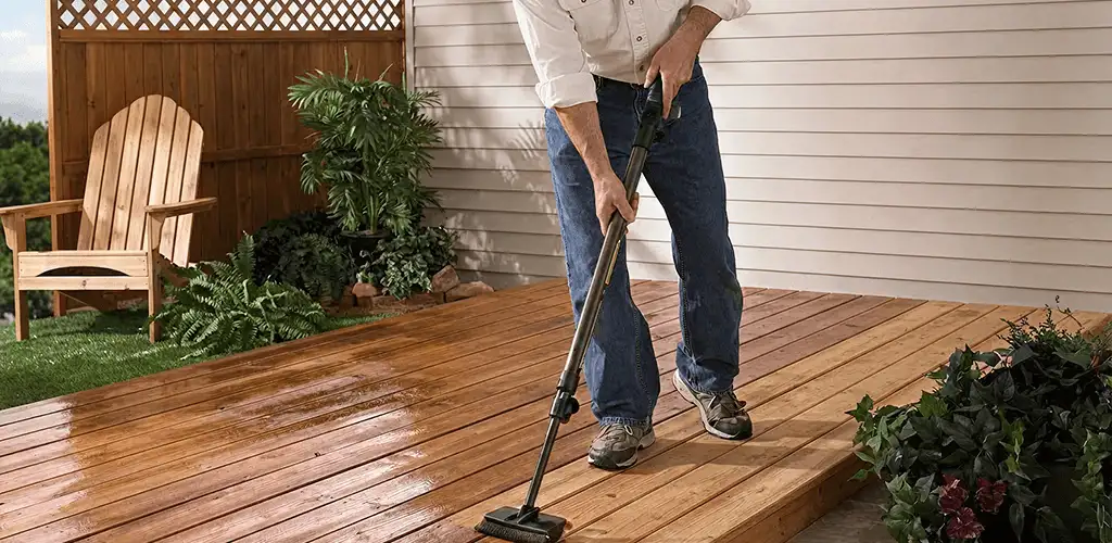 Deck staining service applying stain to a backyard wood deck in Glendale, AZ